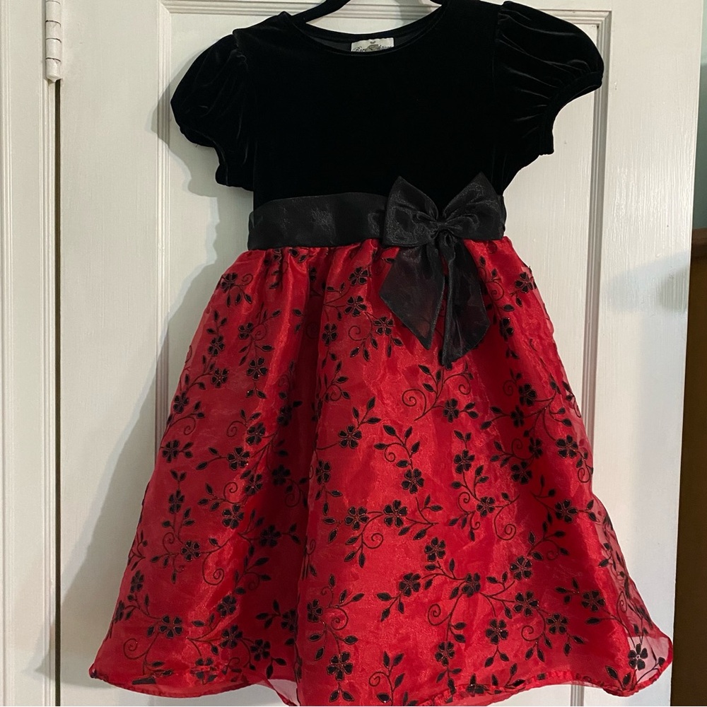Rare Editions Girls Holiday Party Dress black velvet red skirt floral 6X